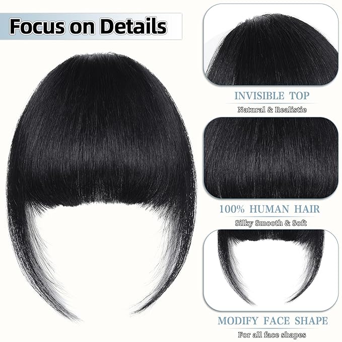 Clip In Bangs for Women, Natural Black French Bangs Hair Clip with Temples, 100% Real Human Hair Layered Curved Fringe for Halloween and Daily Use(Natural Black, French Bangs)