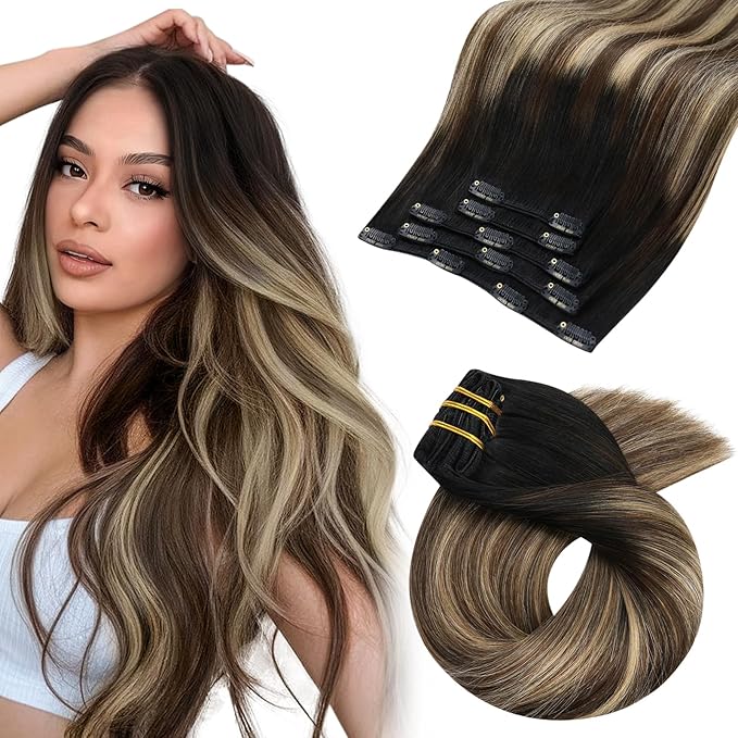 Moresoo Clip in Hair Extensions Real Human Hair Balayage Black to Dark Brown with Caramel Blonde 5pcs 80g Remy Straight Invisible Lace Double Weft Human Hair Clip in Extensions 22inch