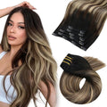 Moresoo Clip in Hair Extensions Real Human Hair Balayage Black to Dark Brown with Caramel Blonde 5pcs 80g Remy Straight Invisible Lace Double Weft Human Hair Clip in Extensions 22inch
