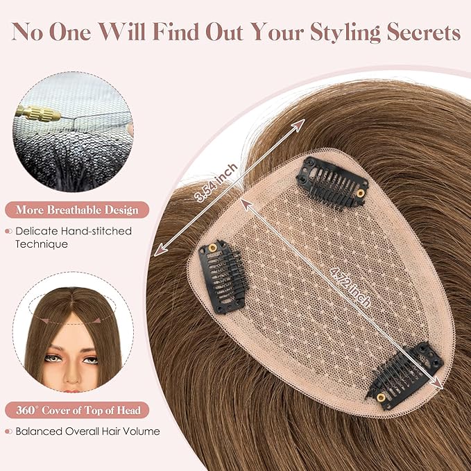Hairro Human Hair Toppers Free Parted, 3.5x4.7" Base Hand-wovened 100% Real Hairpieces, with Invisible Clips-in for Women, for High Hairline/Adding Volume on Top, 10 Inch Mocha Brown