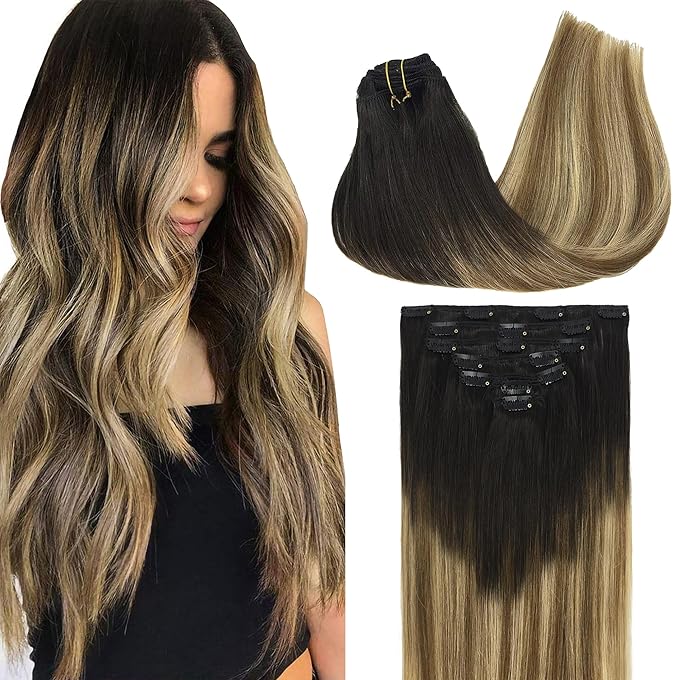 GOO GOO Clip in Hair Extensions Real Human Hair, Remy Human Hair Extensions Clip ins for Women, Natural Human Hair, 24inch 120g 7Pcs, 2/6/18 Balayage Brown to Dirty Blonde