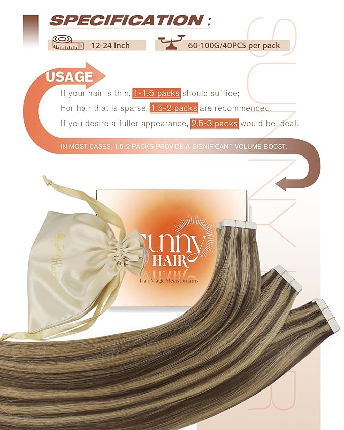 Sunny Hair Tape in Hair Extensions Human Hair 14 Inch Hair Extensions Real Human Hair Tape in Extensions for Women Medium Brown Highlights Caramel Blonde Remy Hair Straight Skin Weft 40pcs 100g