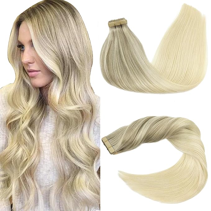 GOO GOO Tape in Hair Extensions Human Hair, 17/22/60 Ash Blonde to Golden Blonde and Platinum Blonde, 18inch 50g 20pcs, Skin Weft Seamless Invisible, Silky Straight with Thick Ends, Remy Human Hair