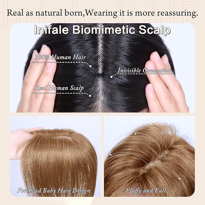 Hair Toppers for Women Real Human Hair,10 inch 30g Light Brown Human Hair Topper for Women 150% Density Silk Base Middle Part Clip in Hair Pieces Straight Hair for Daily Use