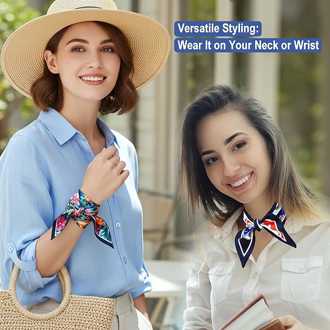 Skinny Scarf 3 Pack for Women – Bag Scarf, Silk Hair Scarves (Original Prints, Premium Twill, 3 Designs)