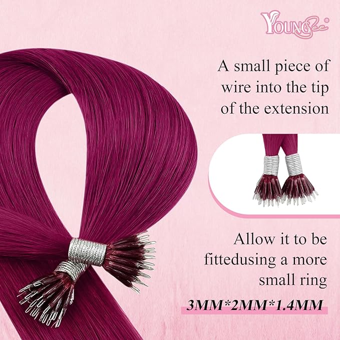 YoungSee Nano Ring Hair Extensions Human Hair Magenta Nano Bead Human Hair Extensions Burgundy Nano-Rings Hair Extension Red Nano-Tip Hair Extension for Women 25s 25g 14in