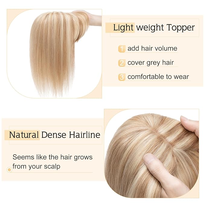 SEGO Hair Toppers for Women Real Human Hair With Bangs, 7 * 13CM Silk Base 100% Remy Human Hair Clip in Top Wiglet Hairpieces Add Volume /8 Inch /12P613 Golden Brown&Bleach Blonde
