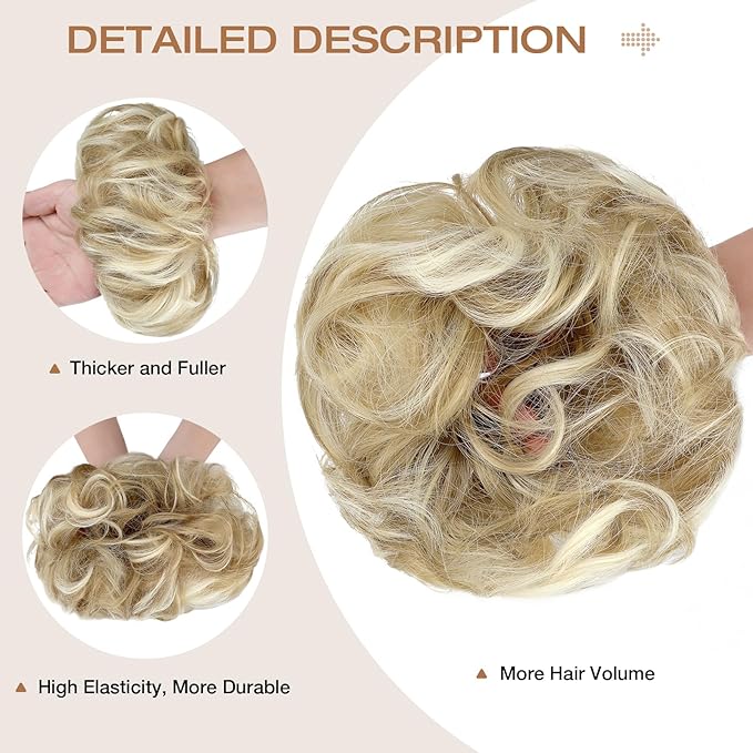 Messy Bun Hair Piece Wavy Curly Scrunchies Fluffy Donut Thick Updo Elegant Chignon Hairpieces for Women Girls, Ash Blonde Mix Bleach Blonde 1.4oz