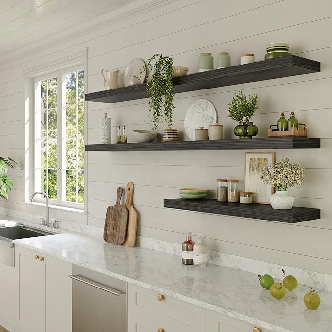 Large Floating Shelves for Wall Set of 1 Wooden Wall Shelves 24 in x 12.75 in x 2 in Room Decor Long Shelf with Invisible Wall Mount Bracket for Bedroom Kitchen Living Room Black Wood
