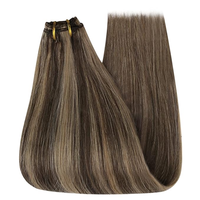 YoungSee Weft Hair Extensions Human Hair Brown Blonde Sew in Hair Extensions Dark Brown Mix Caramel Blonde Highlights Human Hair Weft Extensions for Full Head 20Inch 100G