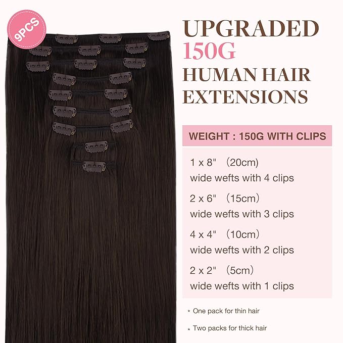 GOO GOO Clip in Hair Extensions Real Human Hair, Remy Human Hair Extensions Clip ins for Women, Natural Human Hair, 20inch 150g 9Pcs, 2A Light Brown