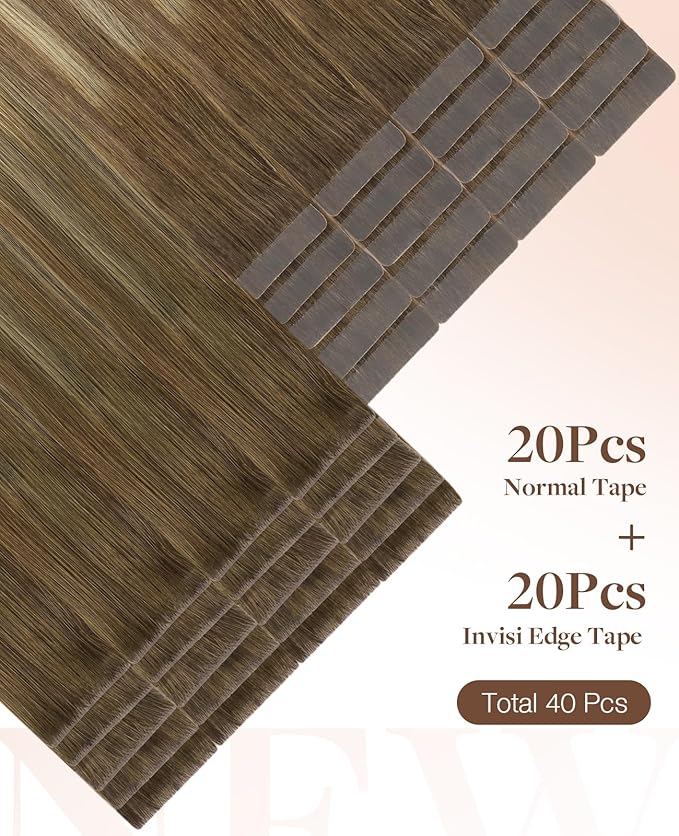 GOO GOO Invisi Edge Tape in Hair Extensions Human Hair, 3/8/613 Walnut Brown to Ash Brown and Bleach Blonde 20pcs injected with 20pcs classical tape ins, 12inch 80g, Virgin Remy Hair, Natural Look