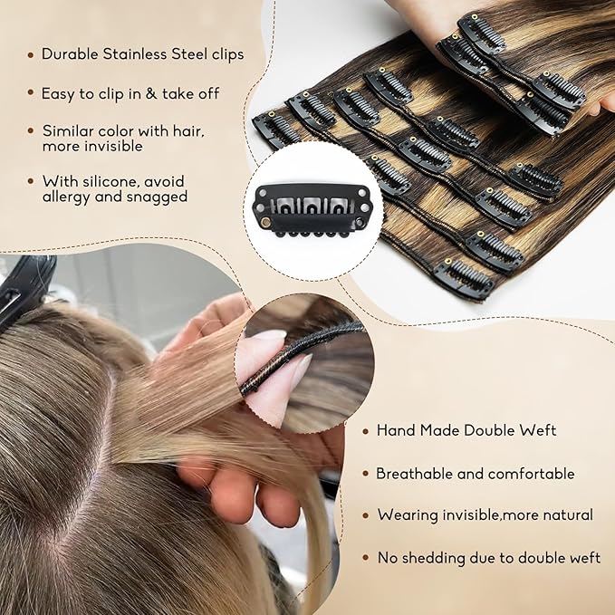Clip in Hair Extensions Real Human Hair 22inch 8pcs 110g Seamless Balayage Dark Brown Hair Extensions Clip Ins Double Weft Dark Brown Highlight Chestnut Brown Invisible Straight Remy Human Hair