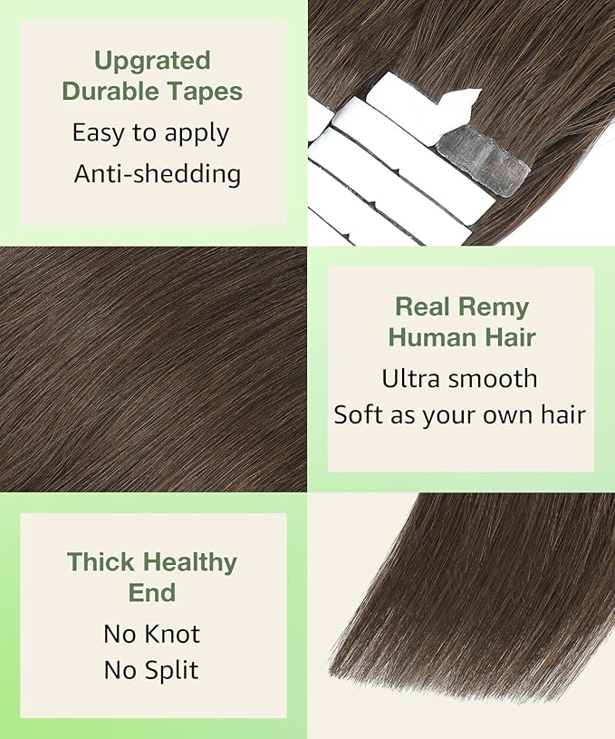 SURNEL Tape in Hair Extensions Human Hair 14 inch 20pcs 50g Straight Tape inHair Extensions Color 4 Medium Brown Hair Extensions(#4-14)