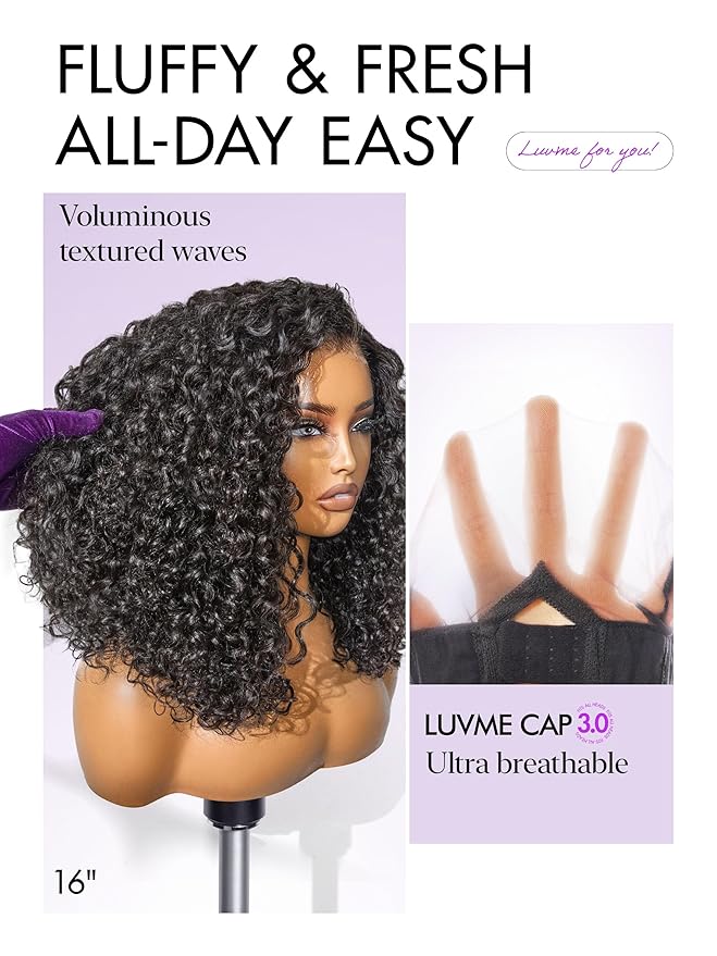 LUVME HAIR Curly Deep Wave Glueless Lace 100% Human Hair Short Wigs 12 Inches Pre Cut Plucked Hd Lace Wig Ready To Go Natural Color Bleached Knots Side Part Black Wigs 12 Inches