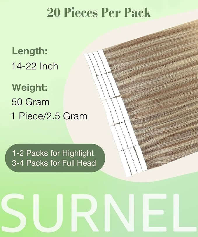 SURNEL 20inch Tape in Hair Extensions Balayage Golden Brown Highlighted Fading to Golden Blonde Human Hair Tape in Extensions 20 Pcs 50g(#10/16/16-20)
