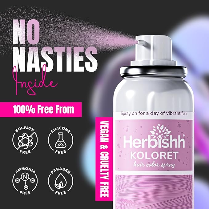 Herbishh Koloret Pastel Pink Hair Tint Spray (69g), Washable Temporary Color Mist for Light Hair, Quick-Dry, Non-Sticky Spray for Women, Travel-Friendly Root Touch Up
