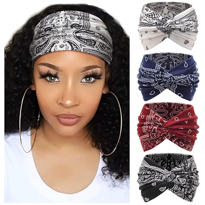 DRESHOW 4 Pack Turban Headbands for Women Wide Vintage Head Wraps Knotted Cute Hair Band Accessories