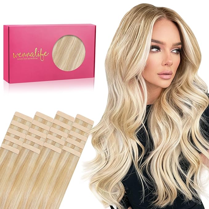 WENNALIFE Tape in Hair Extensions Human Hair, 20pcs 30g 10 inch Dirty Blonde Highlighted Bleach Blonde Remy Hair Extensions Straight Human Hair Tape in Extensions Skin Weft Extensions Hair