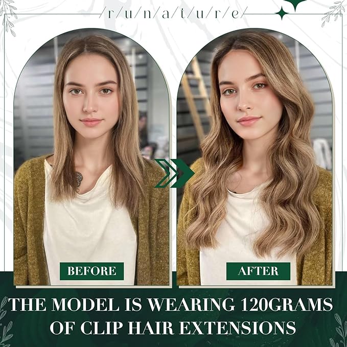 RUNATURE Human Hair Clip in Extensions, 18 Inch Clip in Human Hair Extensions, Real Natural Hair for Women, Add Hair Length, Easy to Apply, 50g 3pcs #10P16 Dark Blonde Highlight Caramel Blonde
