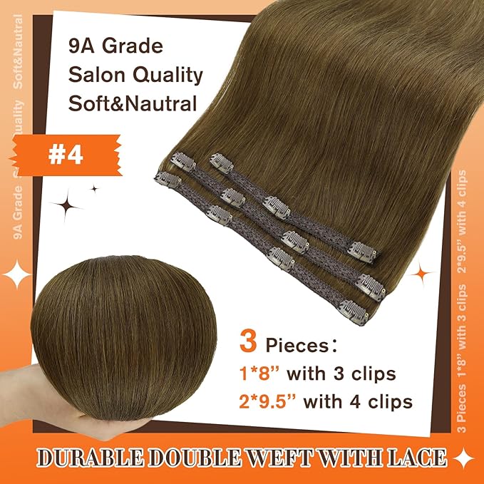 Full Shine Hair Extensions Real Human Hair Clip ins 12 Inch Brown Clip in Human Hair Extension Straight Soft Natural Brown Hair for Women Add Volume 3 PCS 60 G