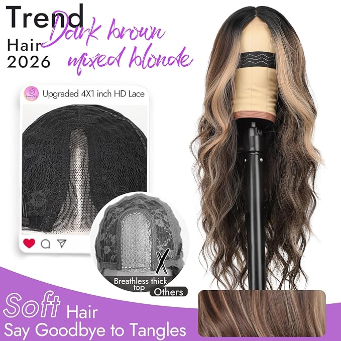 Dark Brown Mixed Blonde Wig for Women Long Wavy 4x1 Lace Natural Hairline Glueless for Beginners Middle Part Synthetic for Daily Party Use 26Inch