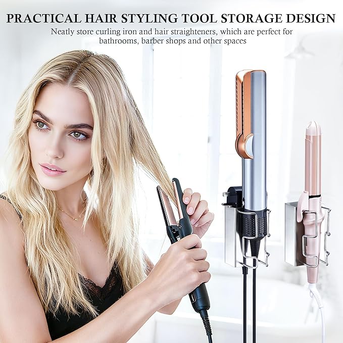 Curling Iron Holder Wall Mount, Hair Straightener Holder with Power Plug Stand, Stainless Steel Hair Tool Organizer for Flat Iron and Hot Tools, Silver