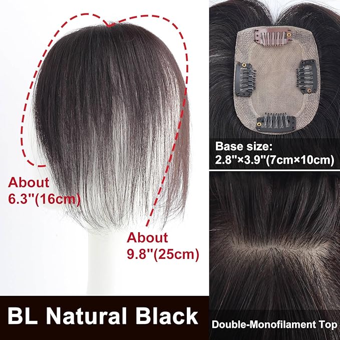 Real Human Hair Topper Double-Monofilament Top Hand-Tied Hair Pieces Mid Length for WomenThinning BHADS710 (BL Natural Black × Hair Length:9.8"(25cm), Base Size:2.8"×3.9"(7cm×10cm))