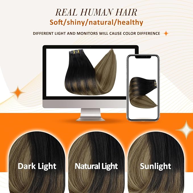 Full Shine Seamless Human Hair Clip in Extensions 14 Inch Balayage Black to Chestnut Brown with Caramel Brown PU Weft Real Hair Extensions 8 PCS 120 G