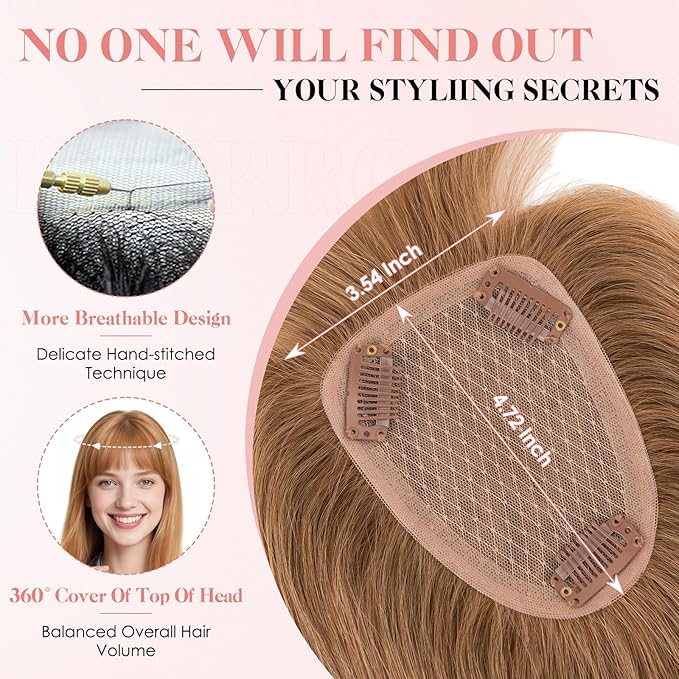 Hairro Human Hair Toppers with Wispy Bangs, 3.5x4.7" Hand-wovened Base for Women with Thinning Hair, Lightweight & Breathable Realistic Scalp, Clip-in Hairpieces for Easy Wear, 12 Inch Blondish Brown