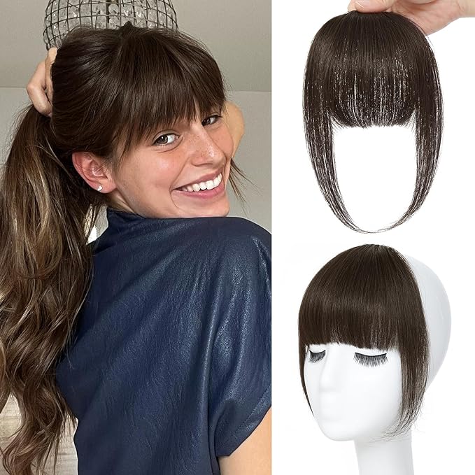 NAYOO Clip In Bangs Real Human Hair, Darkest Drown Wispy Bangs Fringe with Temples Hairpieces for Women Natural Curved Hair Extensions for Daily Wear