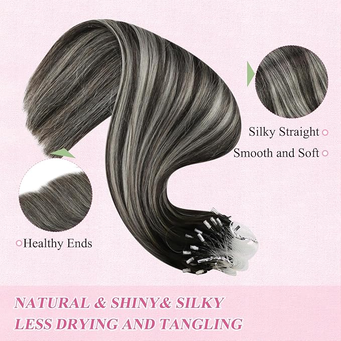 YoungSee Micro Loop Hair Extensions Real Human Hair Ombre Microlink Hair Extensions Balayage Black with Silver Microbead Hair Extension Human Hair Straight 24 Inch for Prom 50g 50s