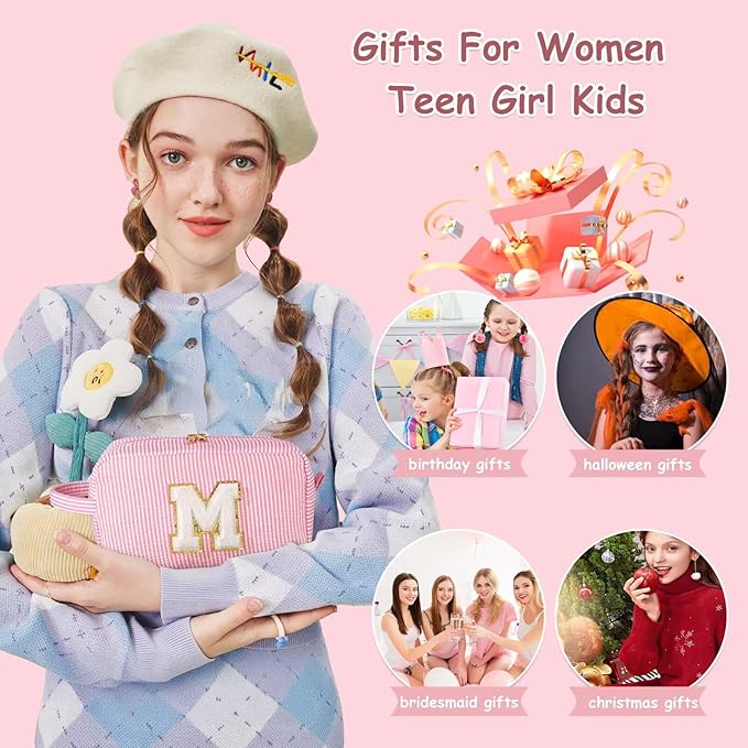 YOOLIFE Pink Cosmetic Travel Makeup Bag - Monogram Cute Initial Makeup Bags Cosmetic Toiletry Pouch Make Up Case for Women Her Best Friend Friendship Teacher, Personalized Birthday Gifts for Women V