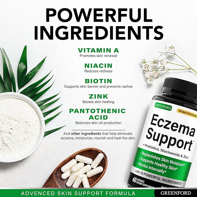Greenford Eczema Treatment & Support for Natural Relief - Made in USA - Skin Vitamins & Herbals for Eczema, Acne, Psoriasis, Rosacea Treatment with Zinc, Niacinamide & Probiotics - 60 caps