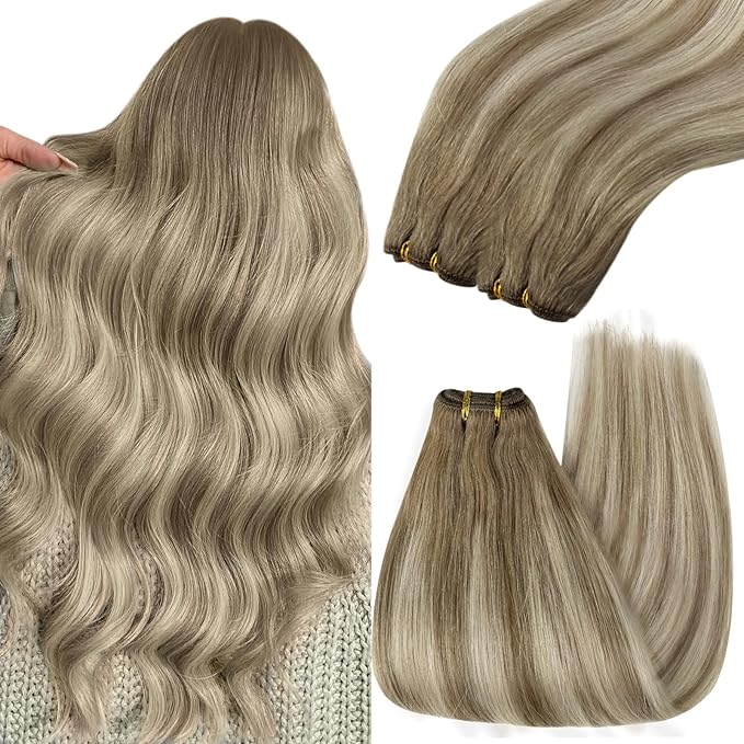 YoungSee 125G Human Hair Sew in Extensions Light Brown Mix Platinum Blonde Weft Hair Extensions Balayage Sew in Hair Extensions Real Human Hair for Thin Fine Hair 22Inch