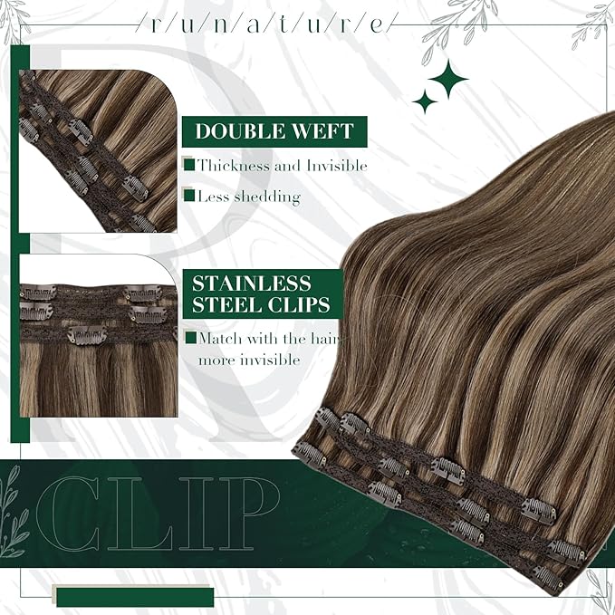 RUNATURE Short Hair Extensions Clip Ins, 10 Inch Real Clip in Hair Extensions for Women, Double Weft Remy Natural Hair, Can Be Styled, 50g 3pcs, #3P12 Walnut Brown Highlight Honey Blonde