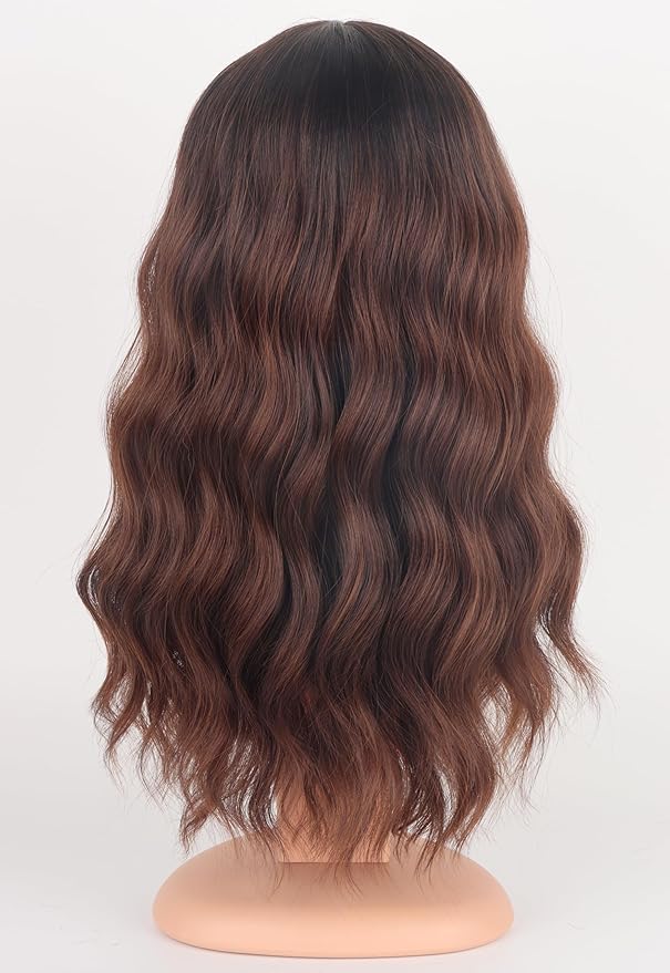 Brown Wavy Wigs For Women Synthetic Wigs With Bangs For Daily Use 16 Inch(Ombre Brown)