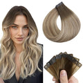 Full Shine Holed Tape in Hair Extensions Human Hair 24Inch Invisible Tape Extensions Seamless Color 3 Dark Brown to 8 Ash Brown and 22 Blonde 20PCS 50G Skin Weft for Wedding PU Weft