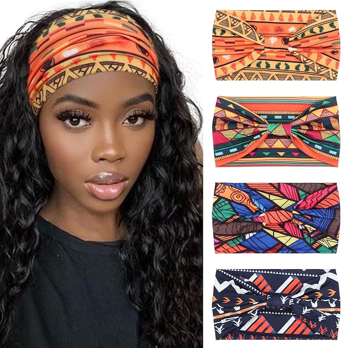 DRESHOW Wide Headbands for Women Knotted Turban Hairbands Boho Head Bands for Women's Hair Non-Slip Yoga Workout Hair Accessories 4 Pack
