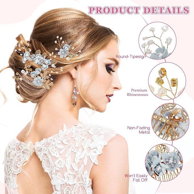 Wedding Flower Hair Accessories for Women: 4pcs Leaf and Flower Hair Combs for Women Accessories - Crystal Pearl Wedding Flower Clips Headpiece for Brides Bridesmaids Girls Updo (Blue)