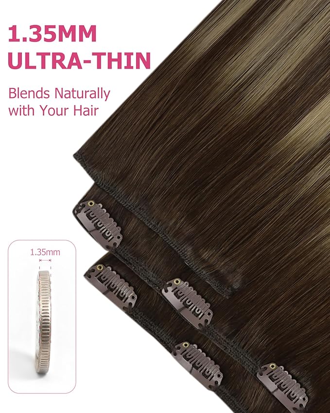 YoungSee 135g Clip in Human Hair Extensions Silky Straight Human Hair Clip in Extensions Balayage Chocolate Brown Mix Caramel Blonde Clip ins Real Hair Extension Brown Add Volume 16inch
