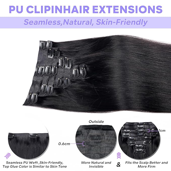 Seamless Clip In Hair Extensions Real Human Hair Straight 8Pcs 120g Hair Extensions Clip In Brazilian Human Hair Extensions PU Skin Weft with 18Clips 22inch Natural Black