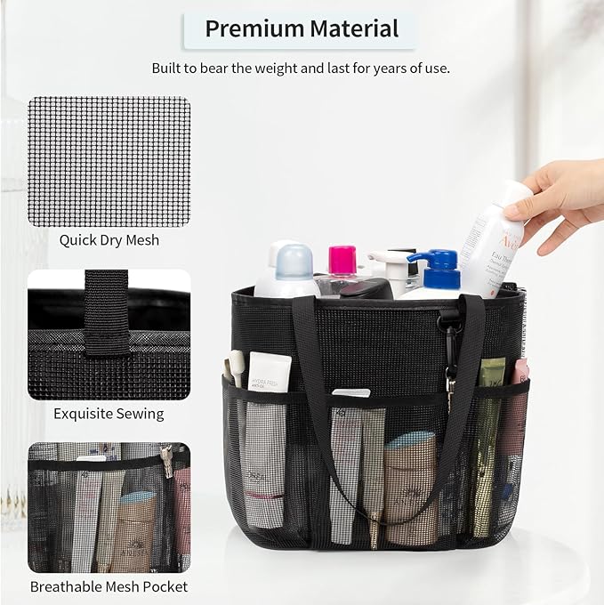 Mesh Shower Caddy Portable, Large Capacity Shower Bag Quick Dry Bathroom Tote, Travel Toiletry Bag Organizer with 6 Pockets for Dorm Room, Gym, Bathroom, Swimming, Camping, Beach, Travelling