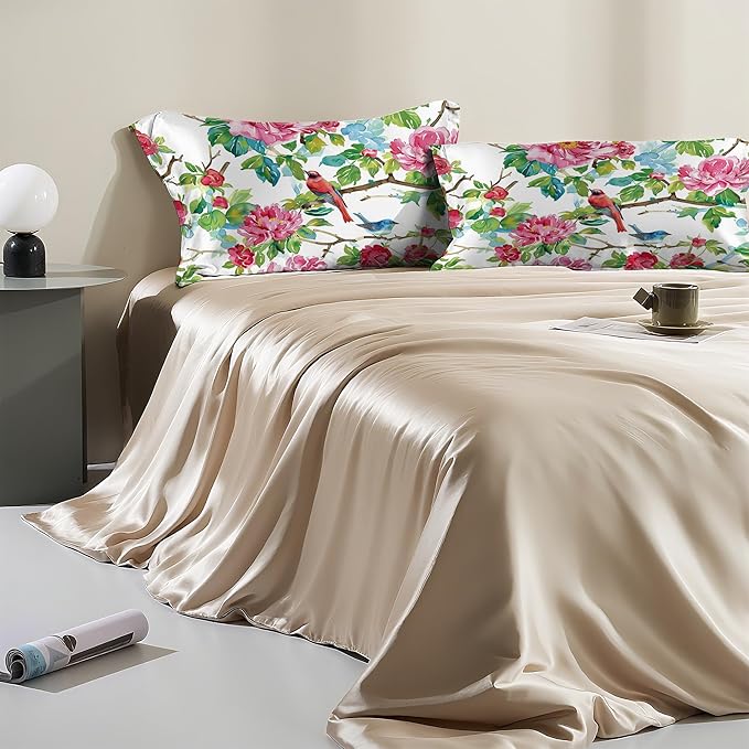 Satin Pillowcase 1 Pack-Pink Roses Flowers and Red Birds Silky Pillow Cover for Hair and Skin,King Size 20x36 Inch Soft Cooling Printed Pillow Cases with Hidden Zipper,Gifts for Women Men