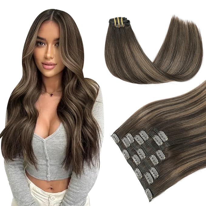 PINKPEARL Clip in Hair Extensions Human Hair Extensions, #2/6/2 Balayage Dark Brown to Chestnut Brown 120g 7pcs 22 Inch Real Human Hair Extensions Clip in Straight Remy Silky Weft(#2/6/2-22)
