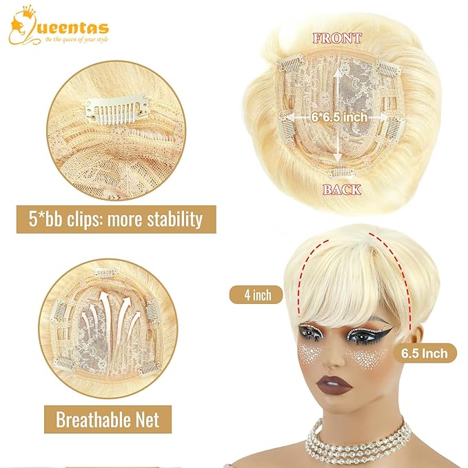 QUEENTAS Short Blonde Hair Toppers for Women with Thinning Hair Piece 360°3D Cover with 5 Clips Wispy Bangs 6.5"*6" Large Coverage Synthetic Hairpieces for Men(Mixed Blonde/#613)