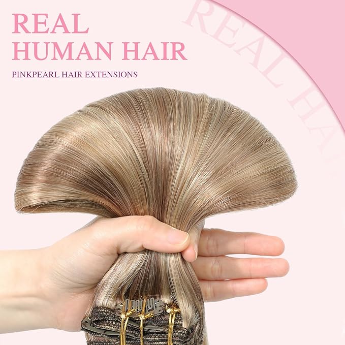 PINKPEARL Clip in Hair Extensions Real Human Hair #10/16/16 Golden Brown to Caramel Blonde Human Hair Clip in Hair Extensions 7pcs 120g 20inch Human Hair Extensios Clip ins(#10/16/16-20)