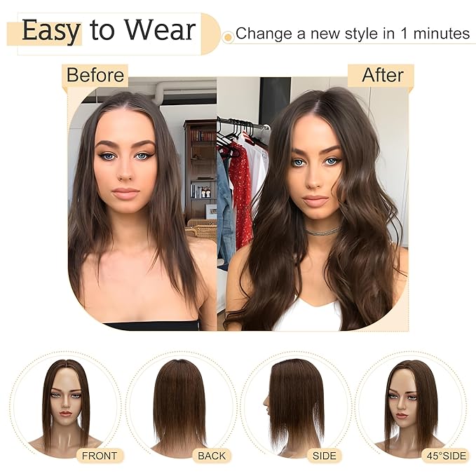 SEGO Human Hair Toppers for Women With Thinning Hair, 7 * 13CM Silk Base 100% Real Human Hair Clip in Top Wiglet Hairpieces -10 Inch No Bangs Medium Brown