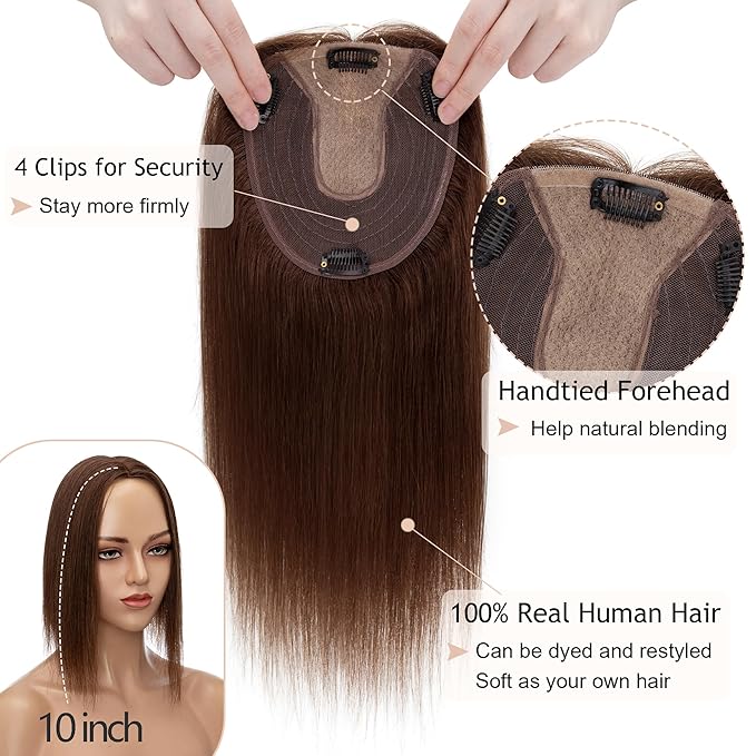 Hair Toppers for Women Real Human Hair No Bangs, 13 * 15 cm Larger Silk Base 150% Density Clip In Topper Hairpieces, Wiglet Top Pieces Add Volume -10 Inch 04 Medium Brown