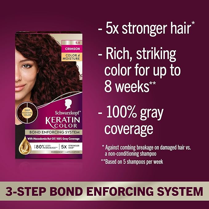 Schwarzkopf Keratin Color Permanent Hair Dye Cream, 5.8 Crimson, 1 Application - Professionally Inspired Hair Color Enriched with Keratin and Macadamia Nut Oil - Hair Dye with Pre-Serum,all Hair Types